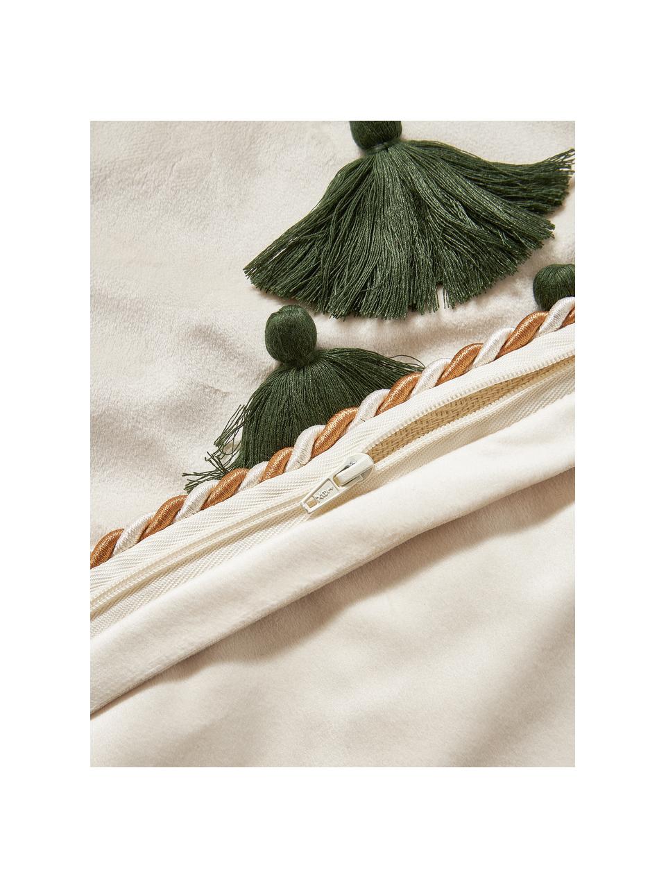 Sametový povlak na polštář s vánočním motivem a střapci Skyler, Krémově bílá, zelená, Š 45 cm, D 45 cm