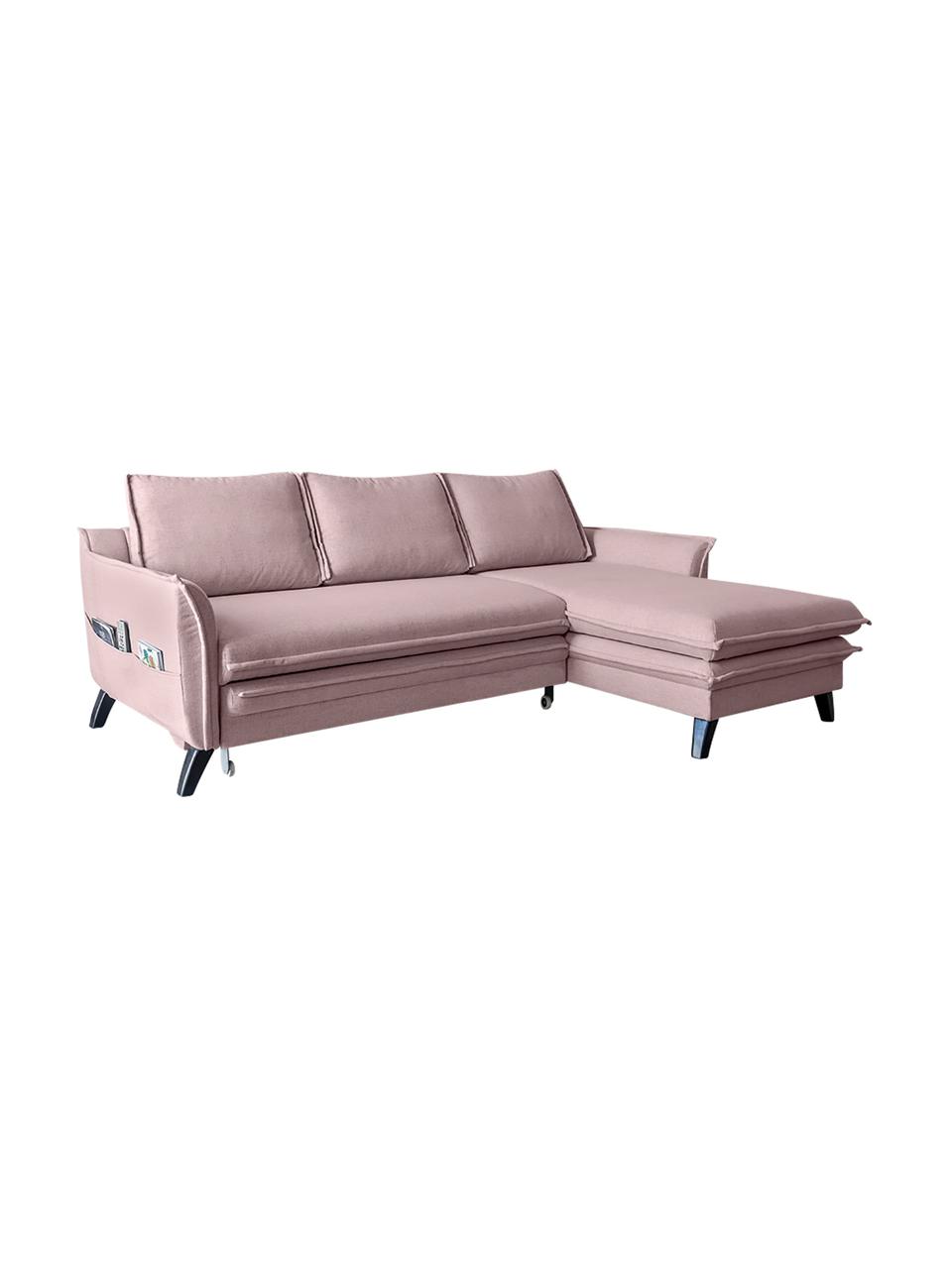 Divano letto angolare in tessuto rosa cipria con contenitore Charming Charlie, Rivestimento: 100% poliestere con sensa, Struttura: legno, truciolato, Rosa cipria, Larg. 228 x Prof. 150 cm