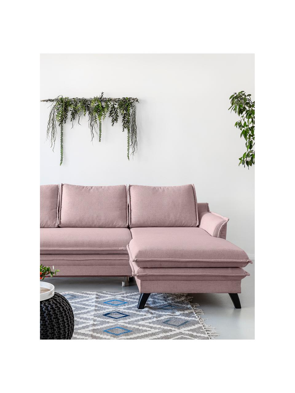 Divano letto angolare in tessuto rosa cipria con contenitore Charming Charlie, Rivestimento: 100% poliestere con sensa, Struttura: legno, truciolato, Rosa cipria, Larg. 228 x Prof. 150 cm