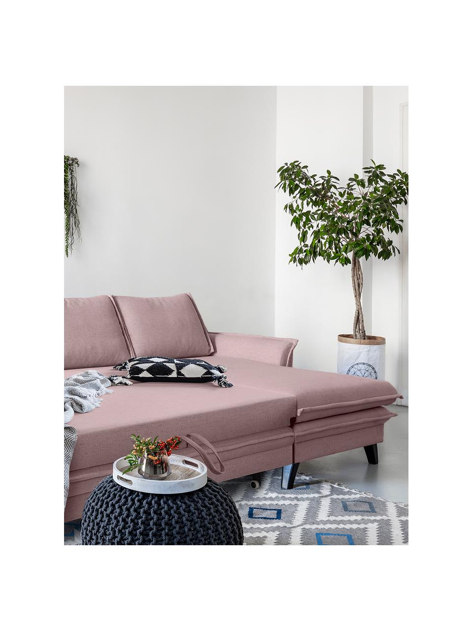 Divano letto angolare in tessuto rosa cipria con contenitore Charming Charlie, Rivestimento: 100% poliestere con sensa, Struttura: legno, truciolato, Rosa cipria, Larg. 228 x Prof. 150 cm