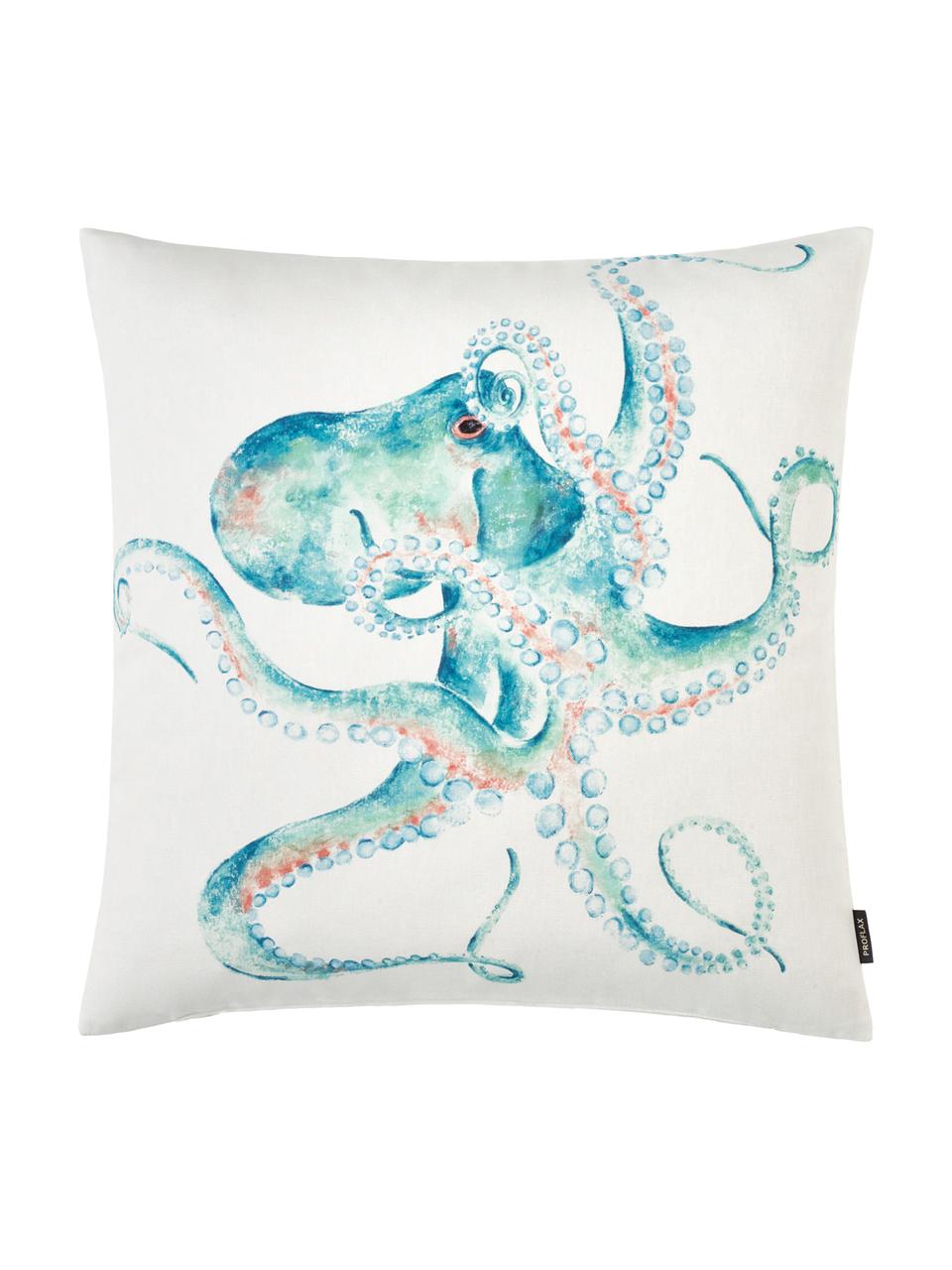Kissenhülle Octopus, 100% Baumwolle, Weiss, Türkis, Rot, 50 x 50 cm