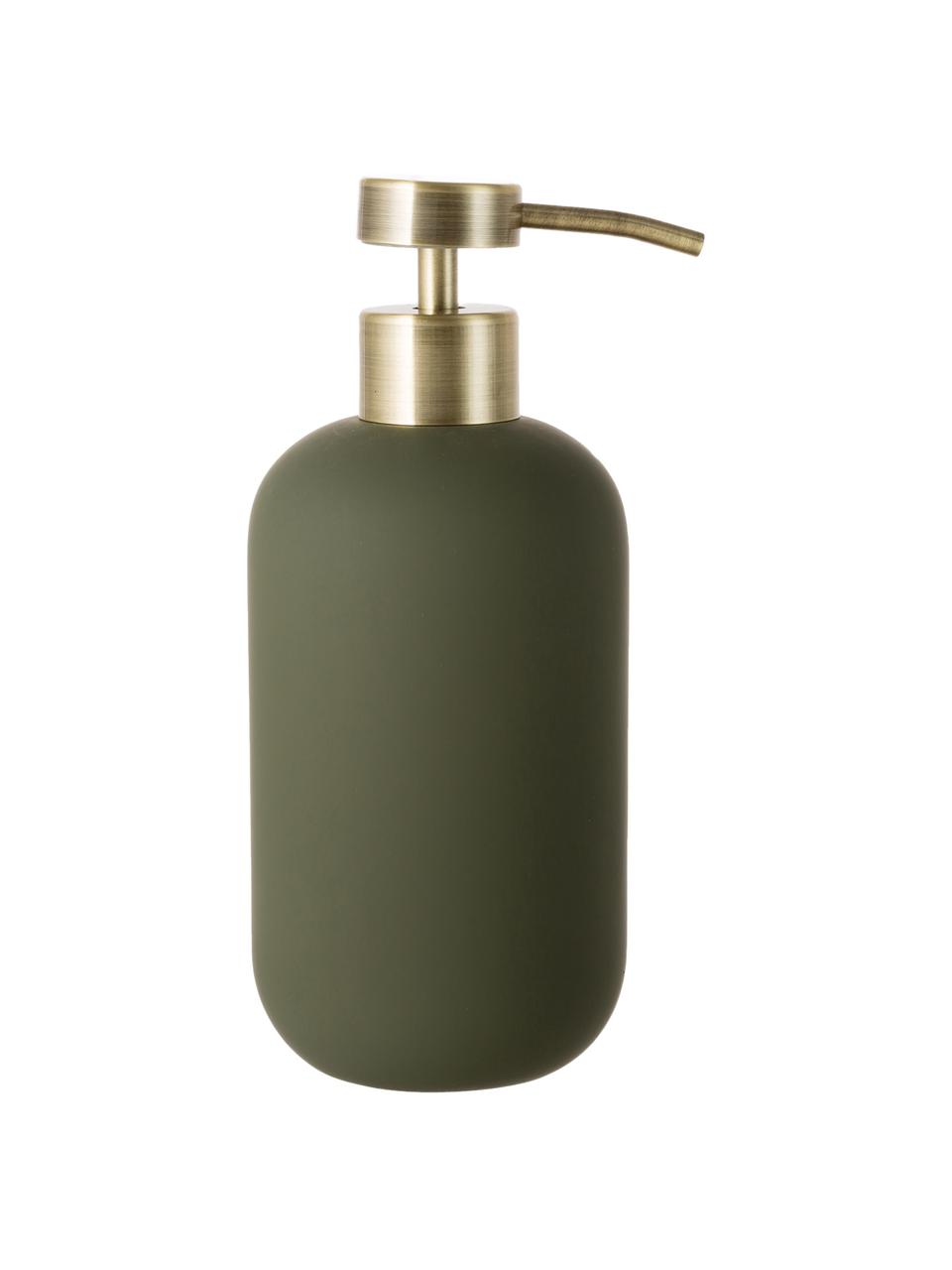 Dozownik do mydła Lotus, Zielony oliwkowy, odcienie mosiądzu, Ø 8 x W 18 cm
