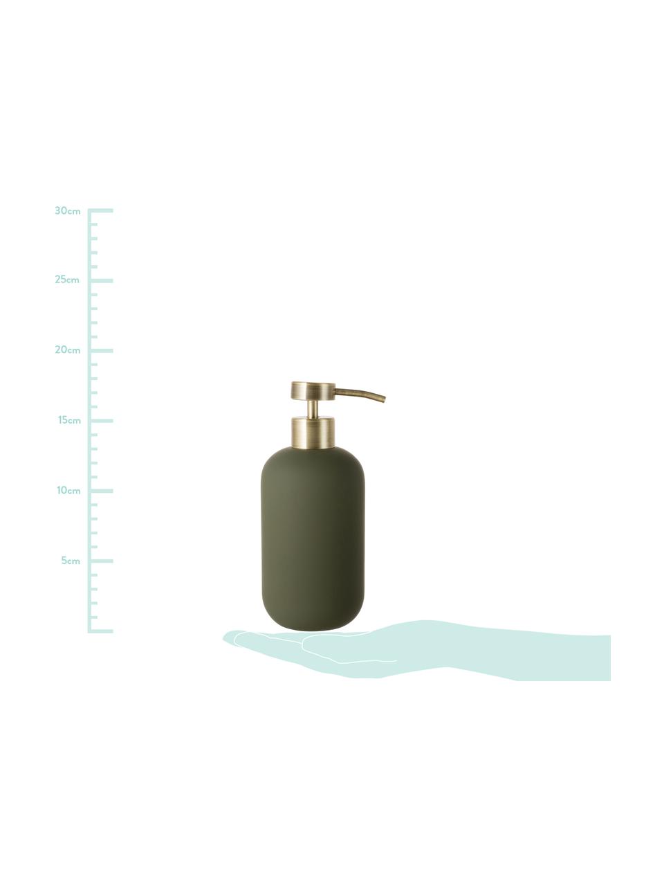 Dosatore di sapone Lotus, Contenitore: ceramica, Testa della pompa: metallo, Verde oliva, ottone, Ø 8 x A 18 cm