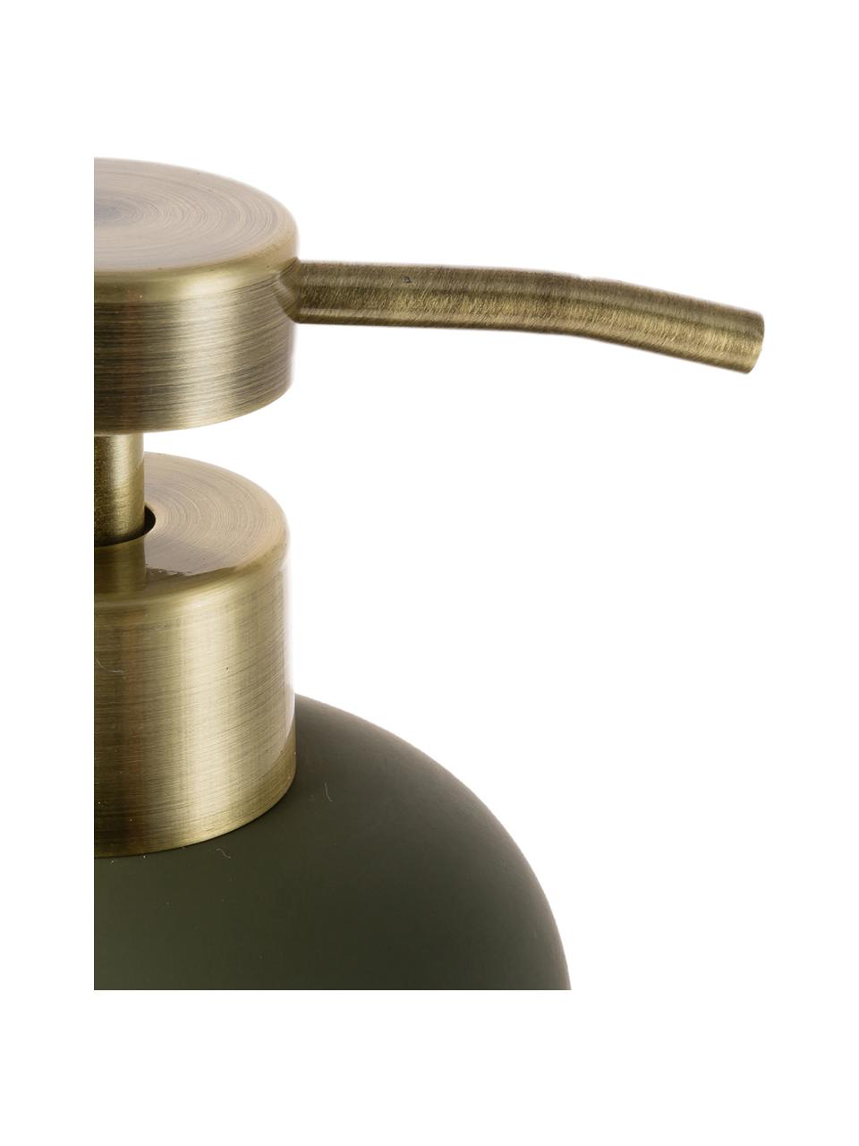 Keramik-Seifenspender Lotus, Behälter: Keramik, Pumpkopf: Metall, Olivengrün, Messingfarben, Ø 8 x H 18 cm