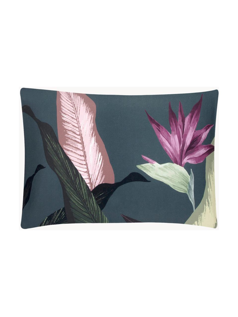 Funda de almohada de satén Flora, 50 x 70 cm, Gris oscuro con estampado de plantas, An 50 x L 70 cm