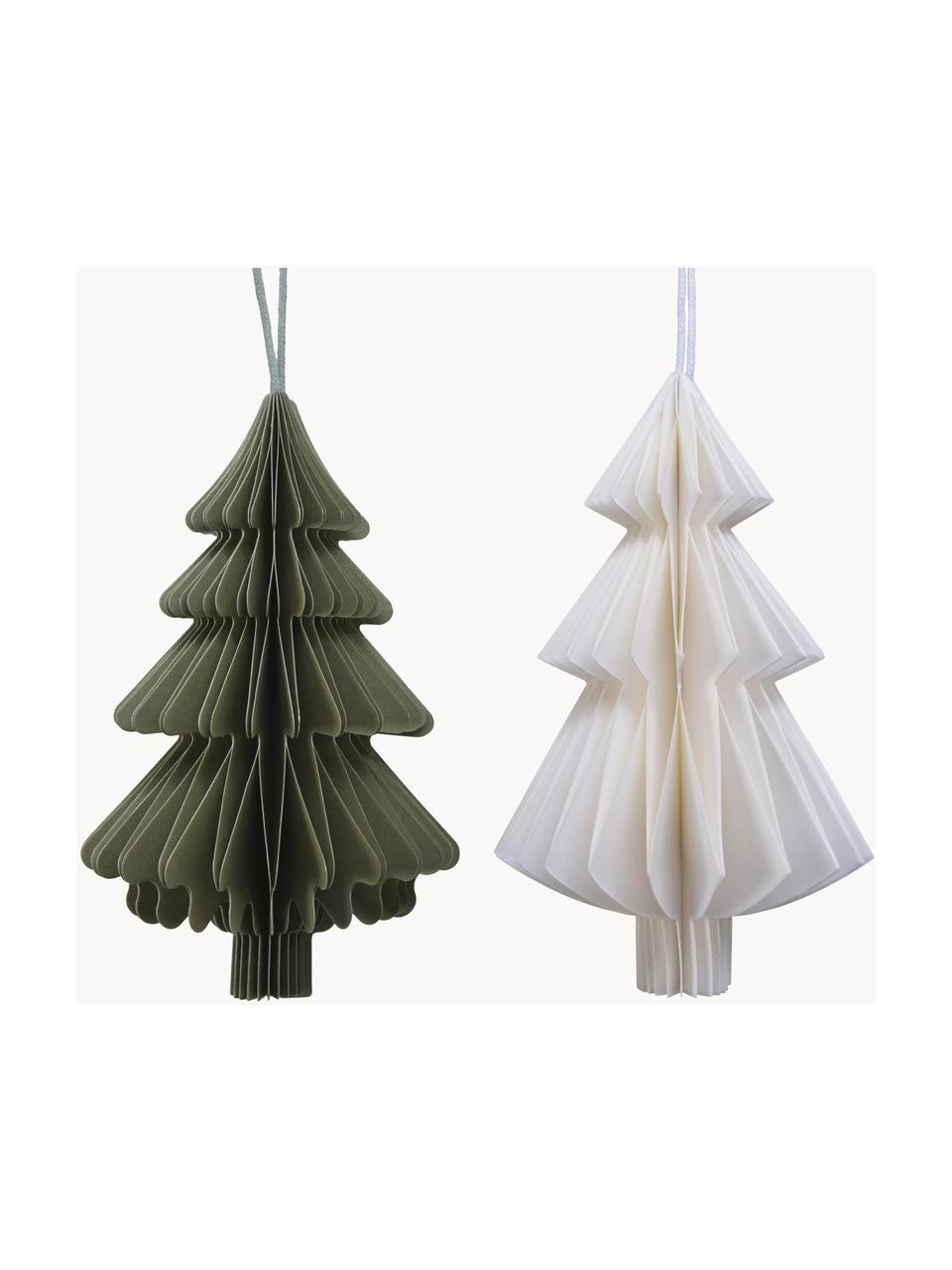 Adornos navideños Tresa, 2 uds., Figura: papel, Verde oliva, blanco, Ø 9 x Al 15 cm