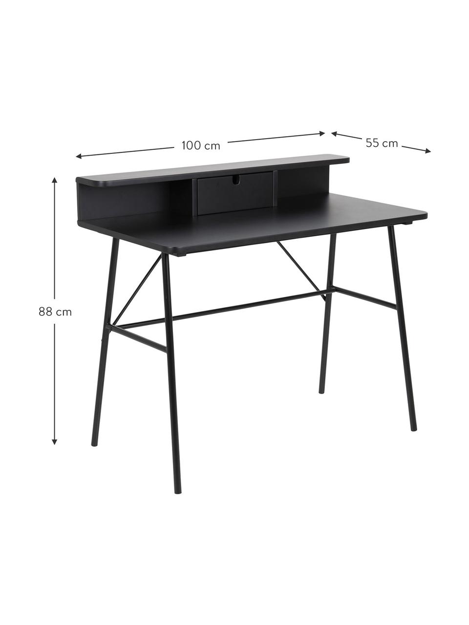 Schreibtisch Pascal in Schwarz mit Schublade , Beine: Metall, lackiert, Tischplatte und Aufbau: Mitteldichte Holzfaserpla, Schwarz, B 100 x T 55 cm