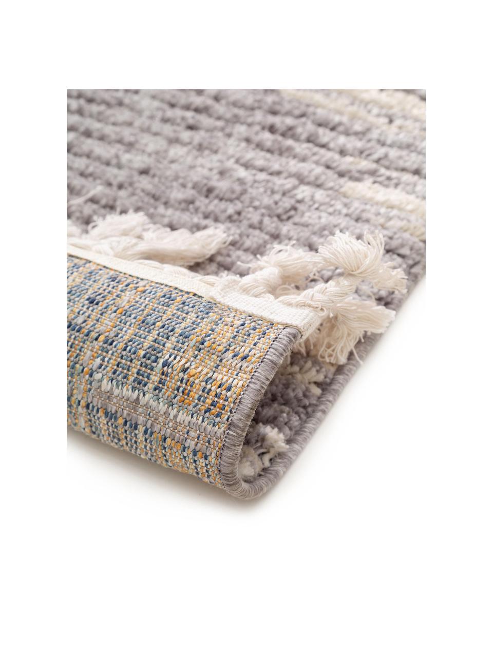 Hochflor-Teppich Bosse mit Bohomuster und Fransen, 100% Polyester, Grau, Cremeweiß, B 80 x L 150 cm (Größe XS)