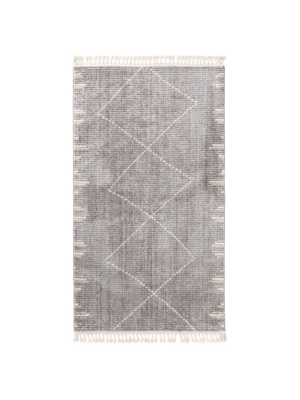 Hoogpolig vloerkleed Bosse met boho patroon en franjes, 100% polyester, Grijs, crèmewit, B 80 x L 150 cm (maat XS)