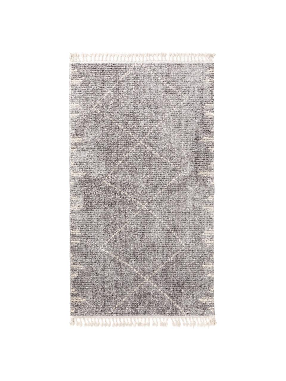 Tappeto boho a pelo lungo con frange Bosse, 100% poliestere, Grigio, bianco crema, Larg. 80 x Lung. 150 cm (taglia XS)