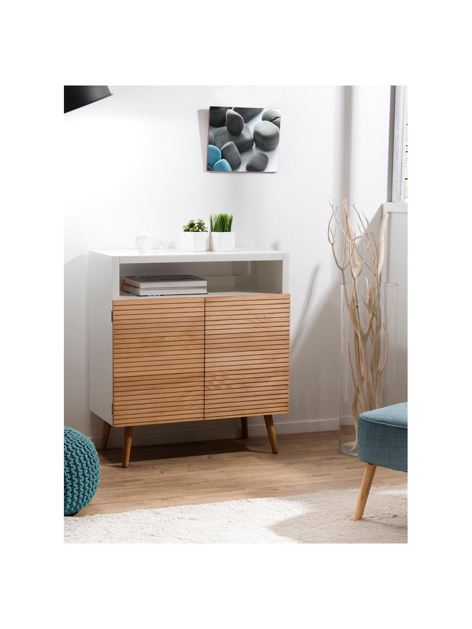 Scandi dressoir Pedro met opbergvak, Frame: gelakt MDF, Wit, grenenhoutkleurig, 80 x 89 cm