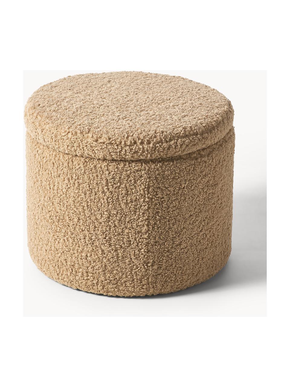 Pouf en tissu bouclé avec rangement Alida, Peluche brun clair, Ø 50 x haut. 42 cm