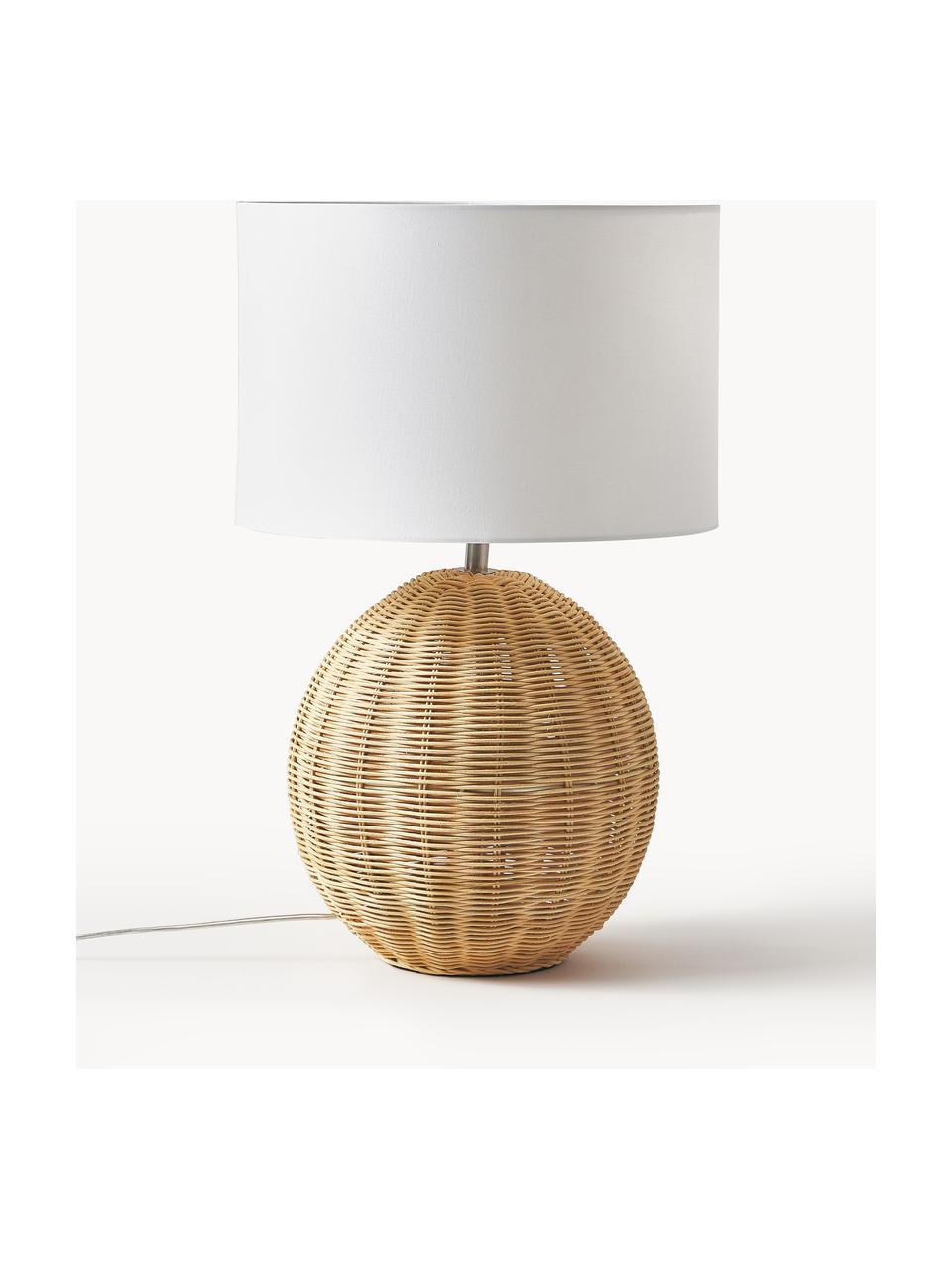 Grosse Tischlampe Magnus mit Rattanfuss, Lampenschirm: Textil (100 % Polyester), Weiss, Hellbraun, Ø 32 x H 51 cm