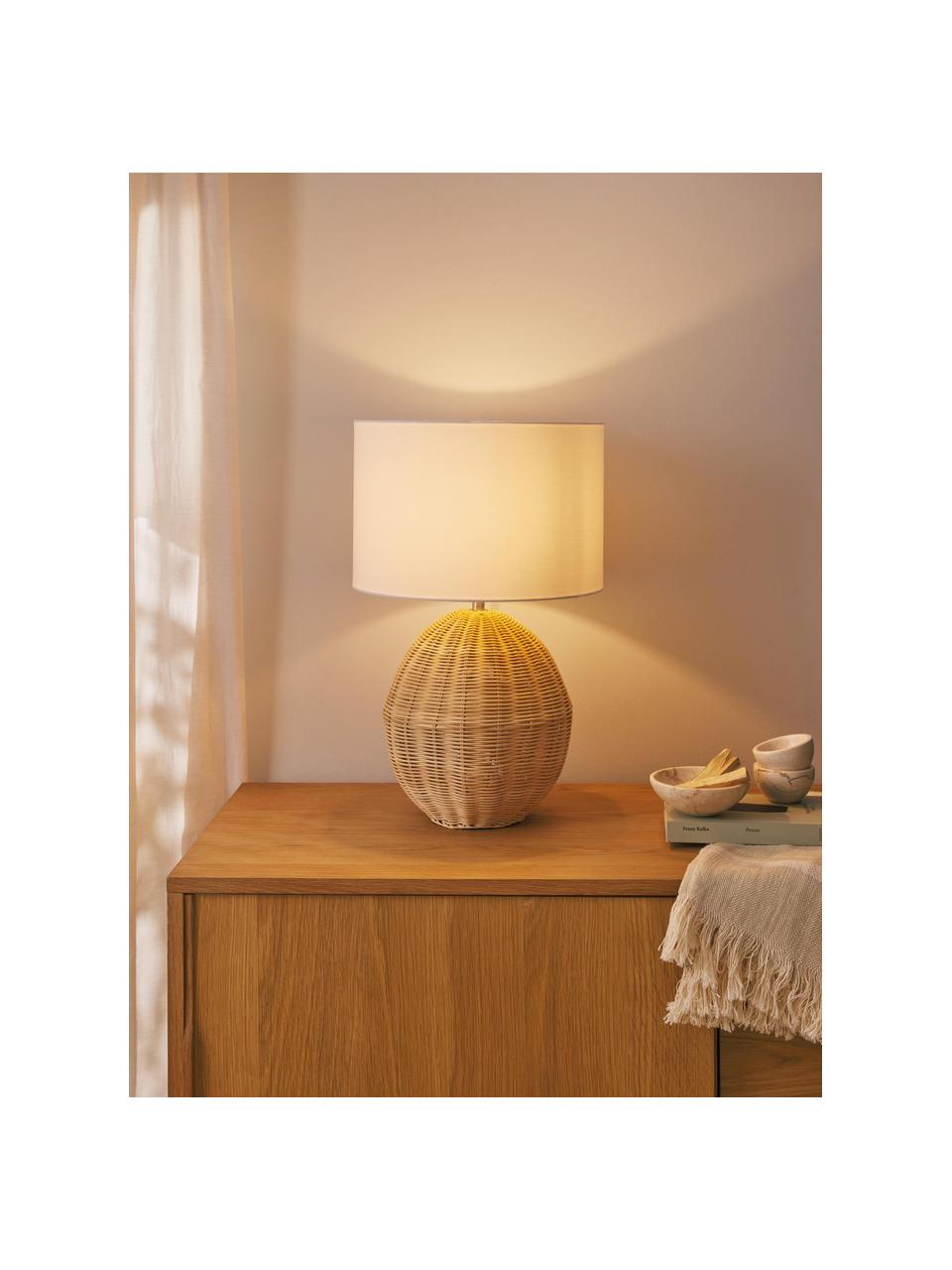 Große Tischlampe Magnus mit Rattanfuß, Lampenschirm: Textil (100 % Polyester), Lampenfuß: 100 % Rattan, Weiß, Hellbraun, Ø 32 x H 51 cm