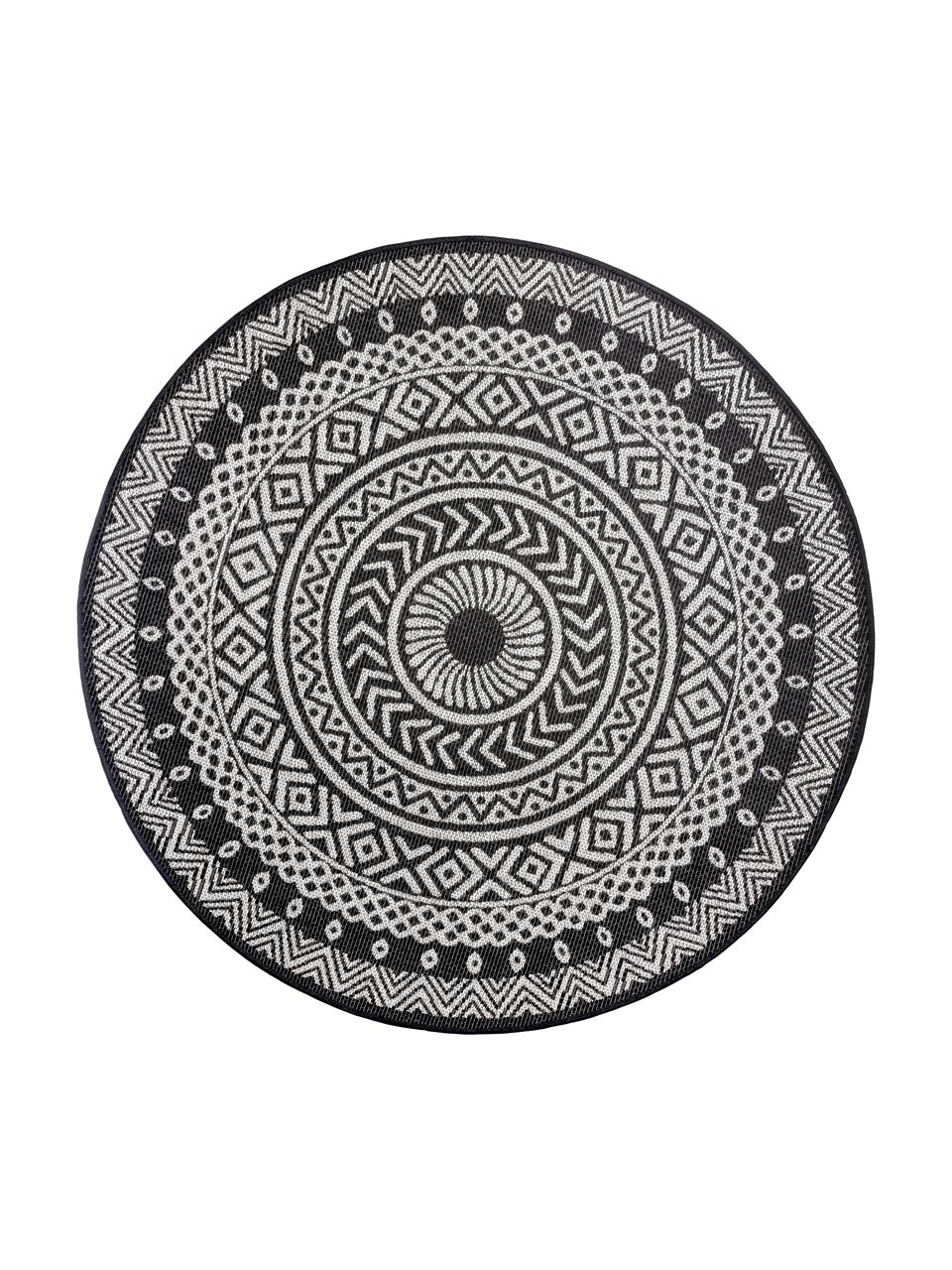 Rond in- en outdoor vloerkleed met patroon Jaffa in zwart, 100% polypropyleen, Zwart, crèmekleurig, Ø 160 cm (maat L)