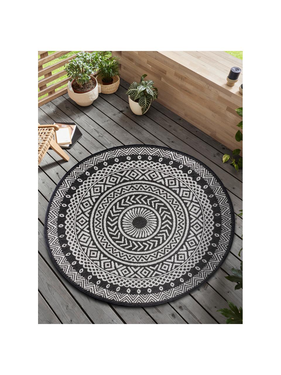 Rond in- en outdoor vloerkleed met patroon Jaffa in zwart, 100% polypropyleen, Zwart, crèmekleurig, Ø 160 cm (maat L)