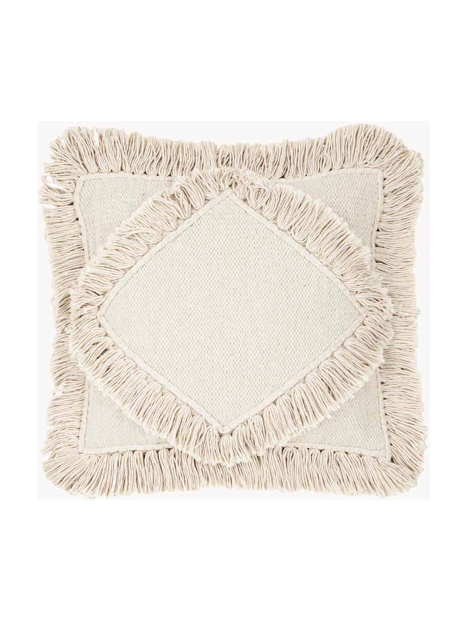 Copricuscino con frange Kaheka, 100% cotone, Beige chiaro, Larg. 45 x Lung. 45 cm