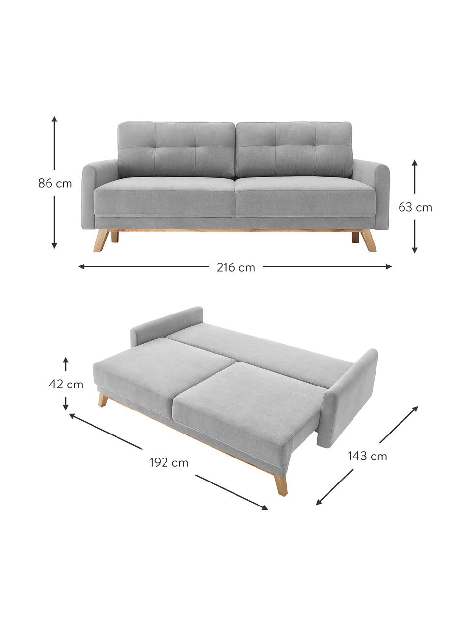 Canapé convertible 3 places en velours avec rangement Balio, Velours gris clair, larg. 216 x prof. 102 cm