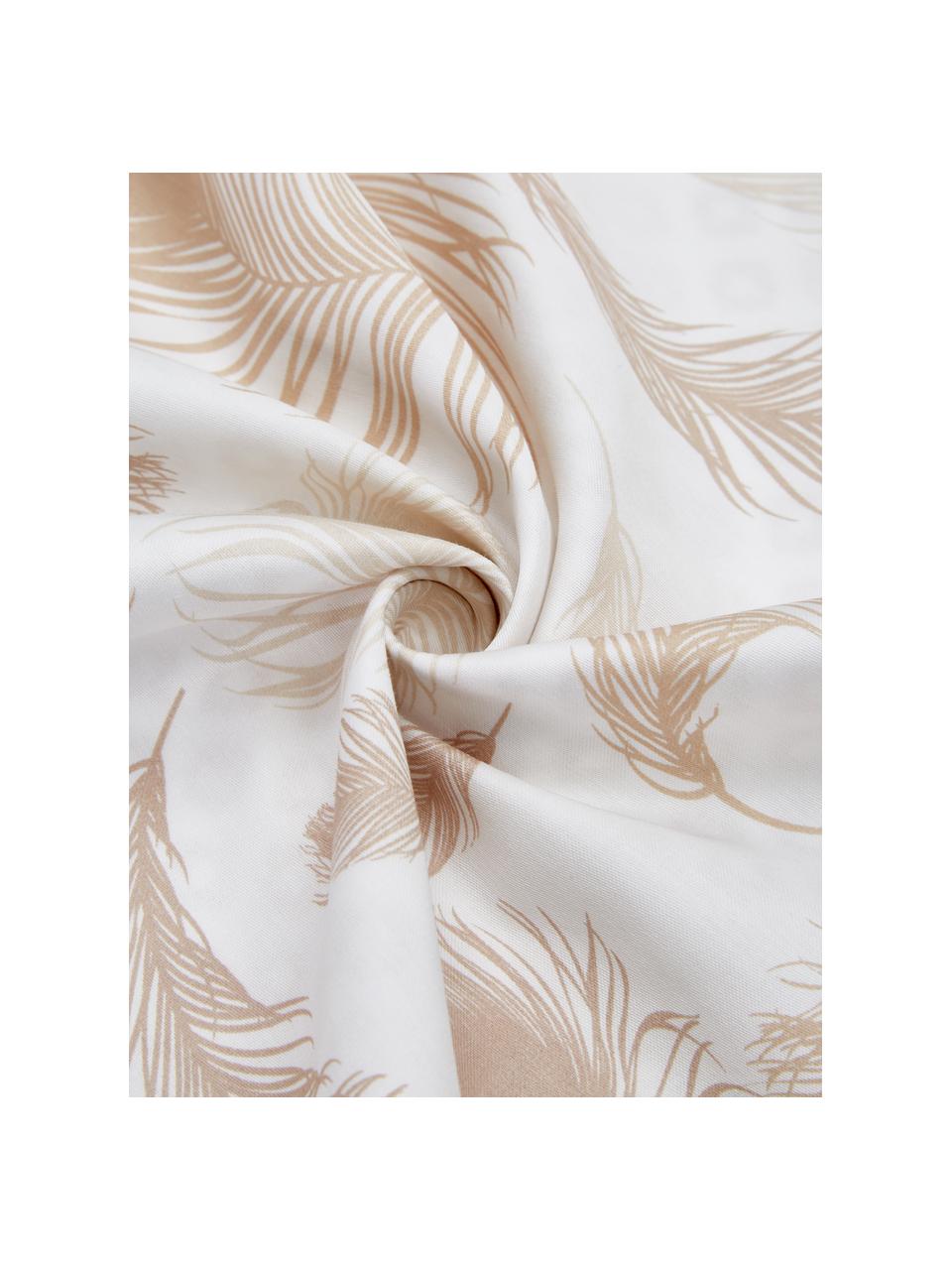 Baumwollsatin-Wendebettwäsche Feather mit Federmotiven und gemusterter Rückseite, Webart: Satin Fadendichte 81 TC, , Beige, Weiss, 135 x 200 cm + 1 Kissen 80 x 80 cm