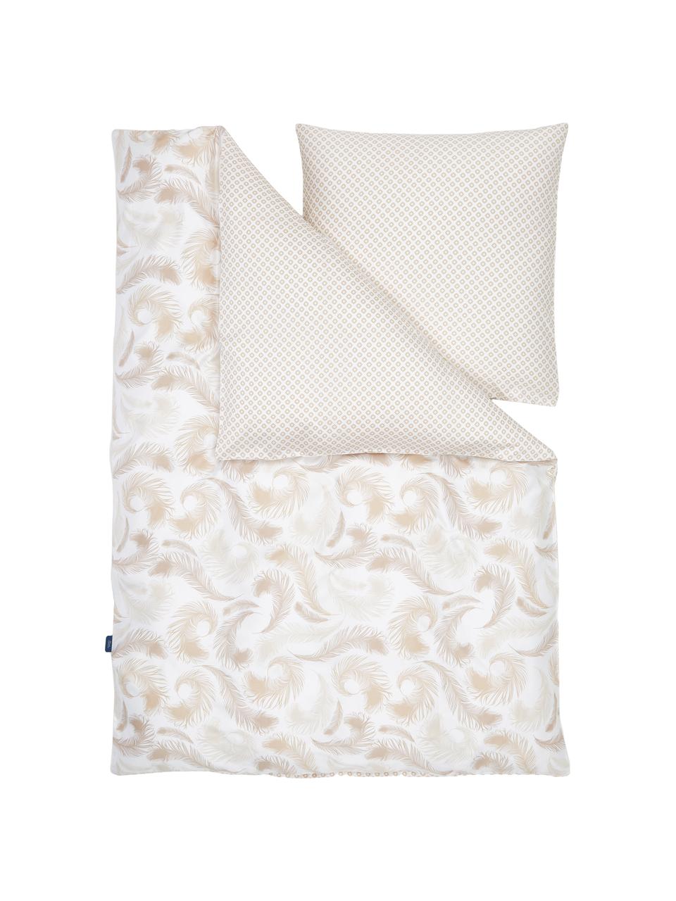 Obojstranná posteľná bielizeň z bavlneného saténu s motívom pierok Feather, Béžová, biela
