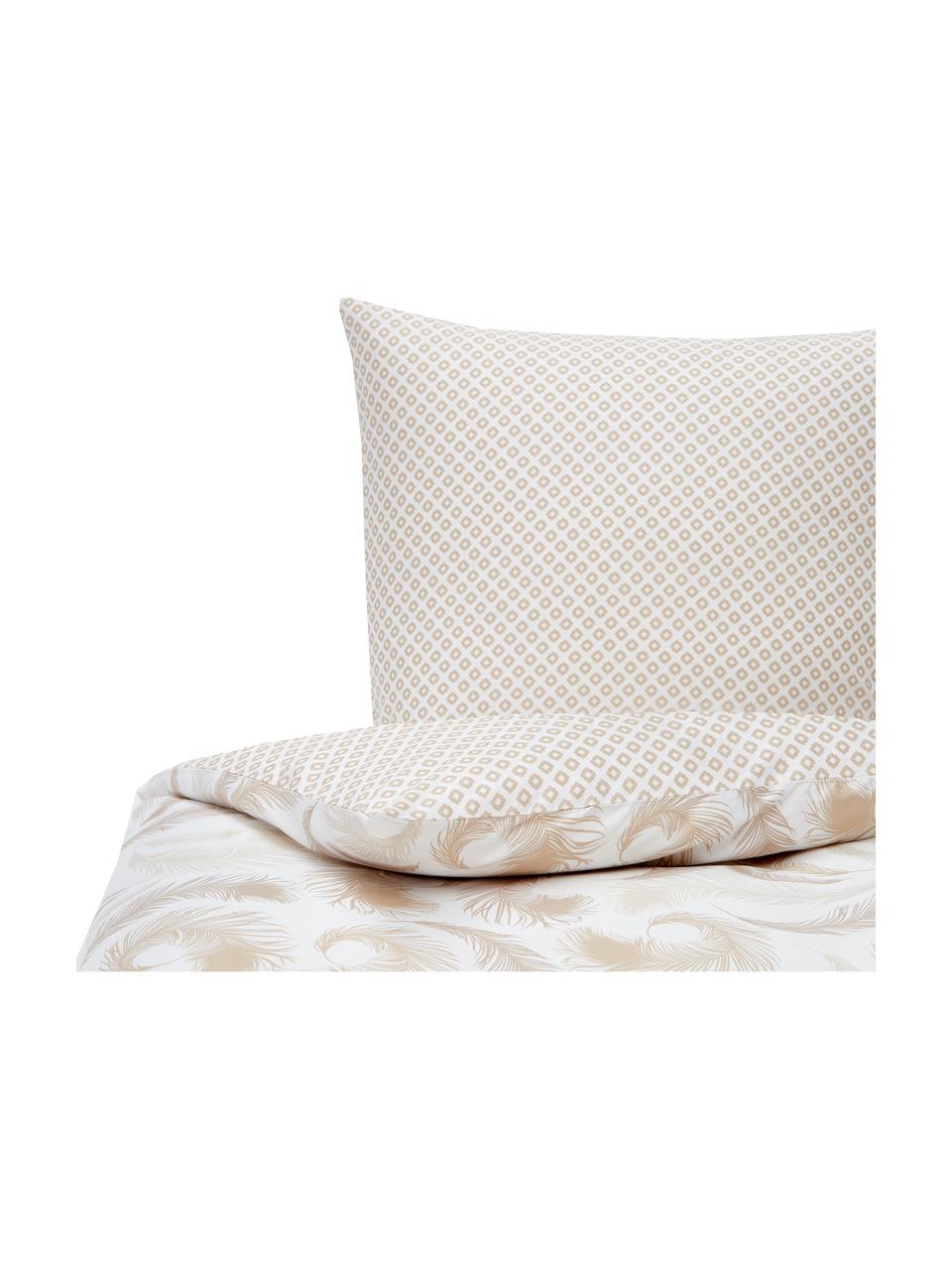 Obojstranná posteľná bielizeň z bavlneného saténu s motívom pierok Feather, Béžová, biela