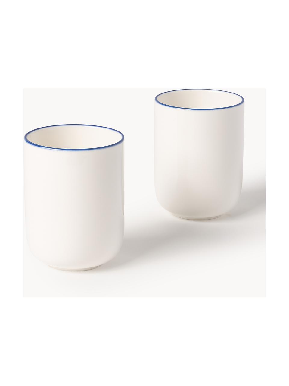 Tasses à café en porcelaine Facile, 2 pièces, Porcelaine robuste de haute qualité (env. 50 % kaolin, 25 % quartz et 25 % feldspath), Blanc cassé avec bordure bleu foncé, Ø 8 x haut. 11 cm, 385 ml