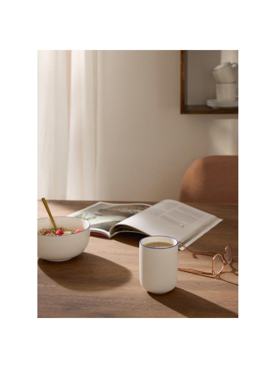 Tasses à café en porcelaine Facile, 2 pièces, Porcelaine robuste de haute qualité (env. 50 % kaolin, 25 % quartz et 25 % feldspath), Blanc cassé avec bordure bleu foncé, Ø 8 x haut. 11 cm, 385 ml