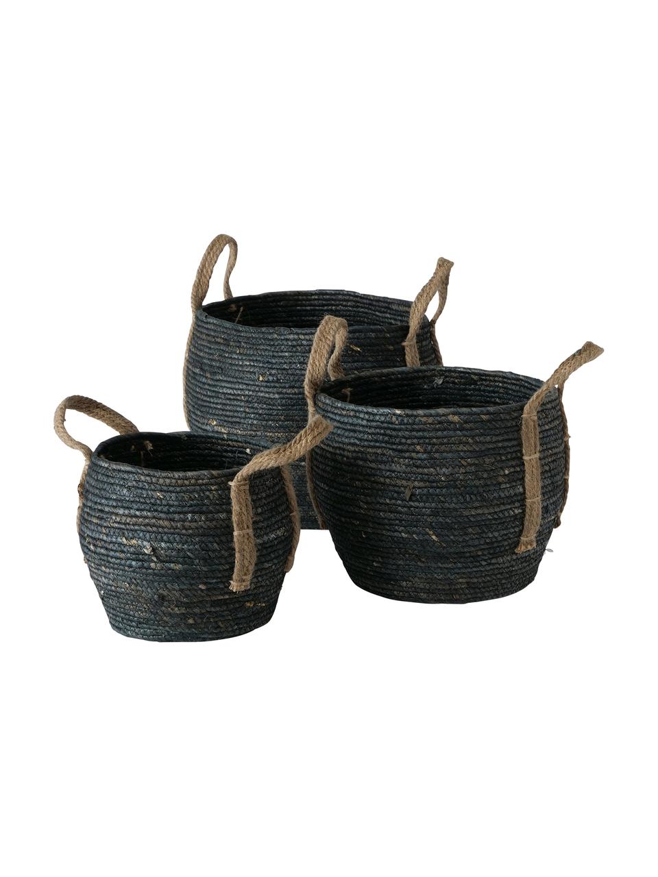 Set de cesta artesanales Takeo, 3 pzas., Asas: yute, Negro, Set de diferentes tamaños