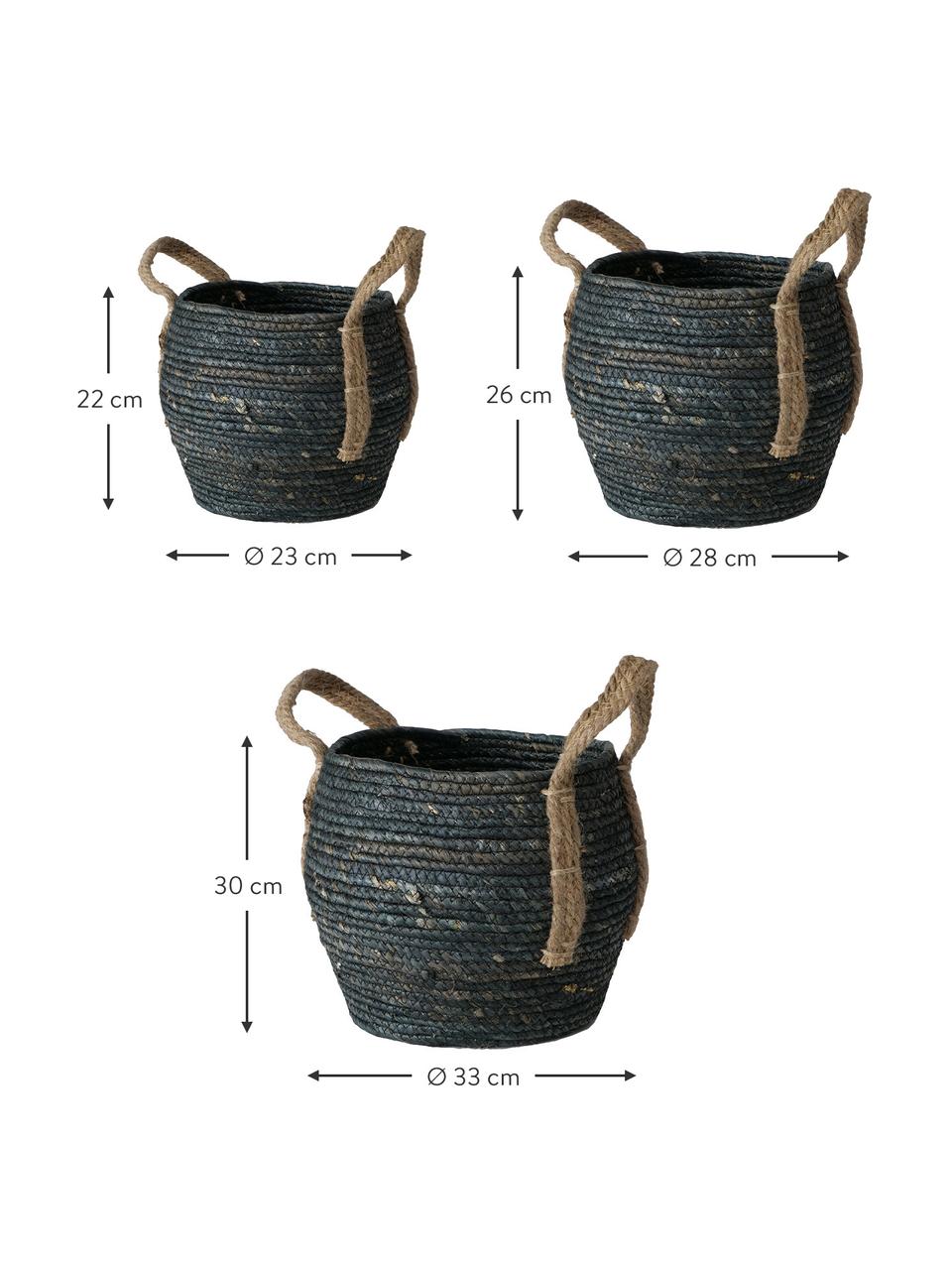 Handgemaakte opbergmandenset Takeo, 3-delig, Mand: maïsschilvezels, Handvatten: jute, Zwart, Set met verschillende formaten