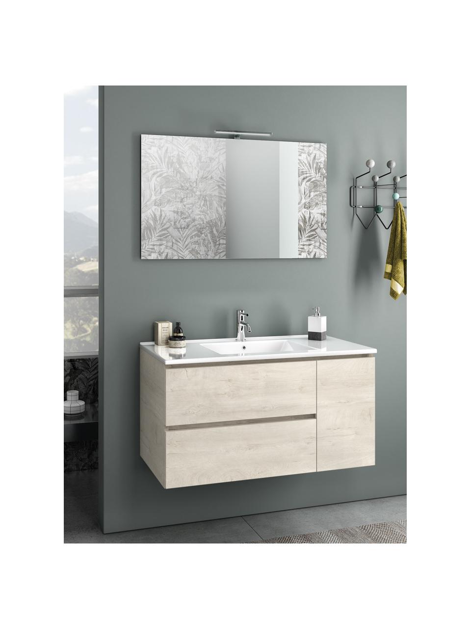Set lavabo Flam, 4 pzas., Lámpara: aluminio recubierto, Espejo: vidrio, Parte trasera: plástico ABS, Acabado de madera de roble, Set de diferentes tamaños