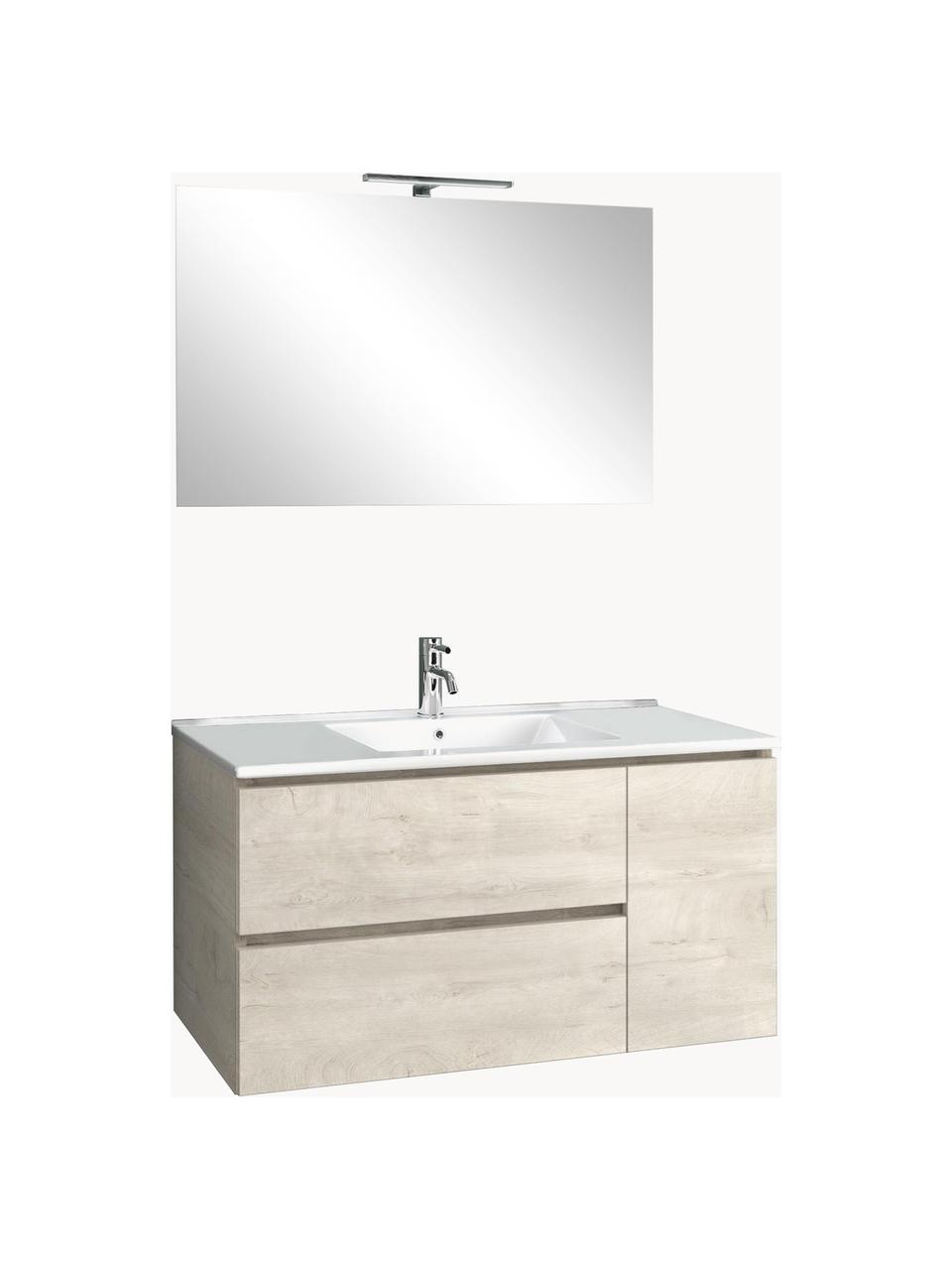 Set lavabo Flam 4 pz, Lampada: alluminio, rivestito, Superficie dello specchio: vetro a specchio, Effetto legno di quercia, Set in varie misure