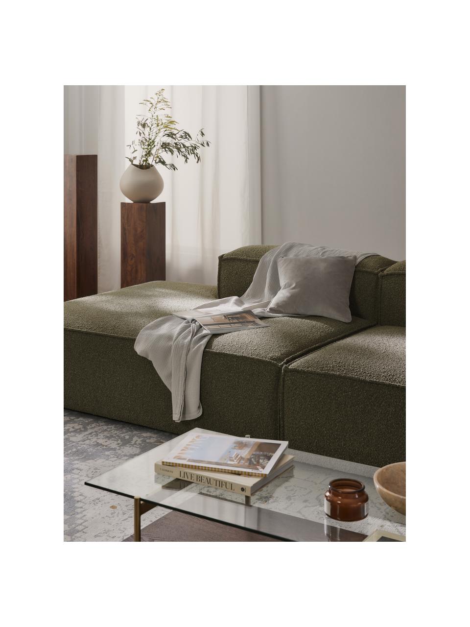 Modulo chaise loungue in bouclé Lennon, Rivestimento: bouclé (100% poliestere) , Struttura: legno di pino massiccio, , Piedini: plastica Questo prodotto , Bouclé verde oliva, Larg. 150 x Prof. 123 cm, schienale a destra