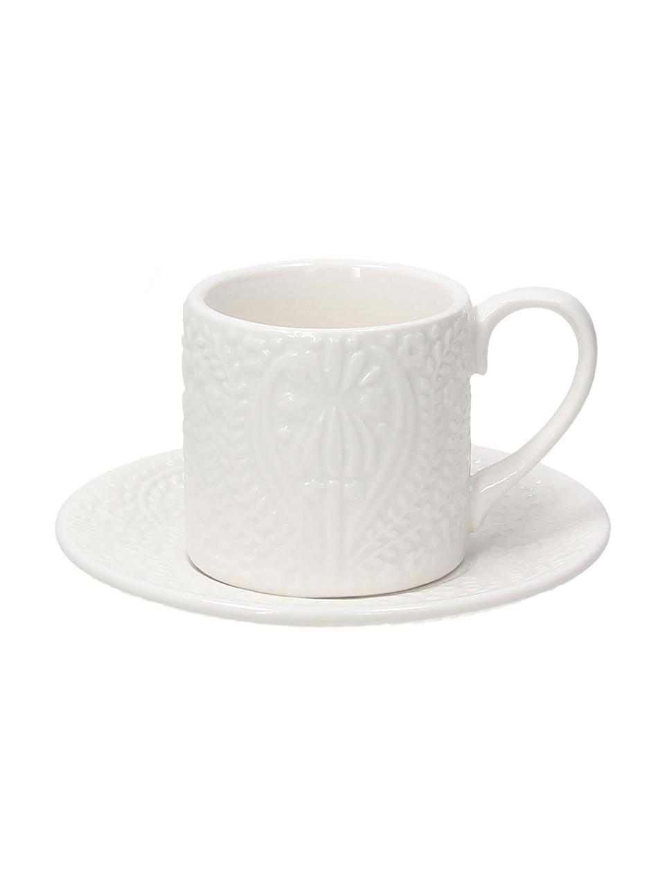 Tazas espresso con platitos de porcelana Ornament, 6 uds., Porcelana, Blanco, Ø 6 cm