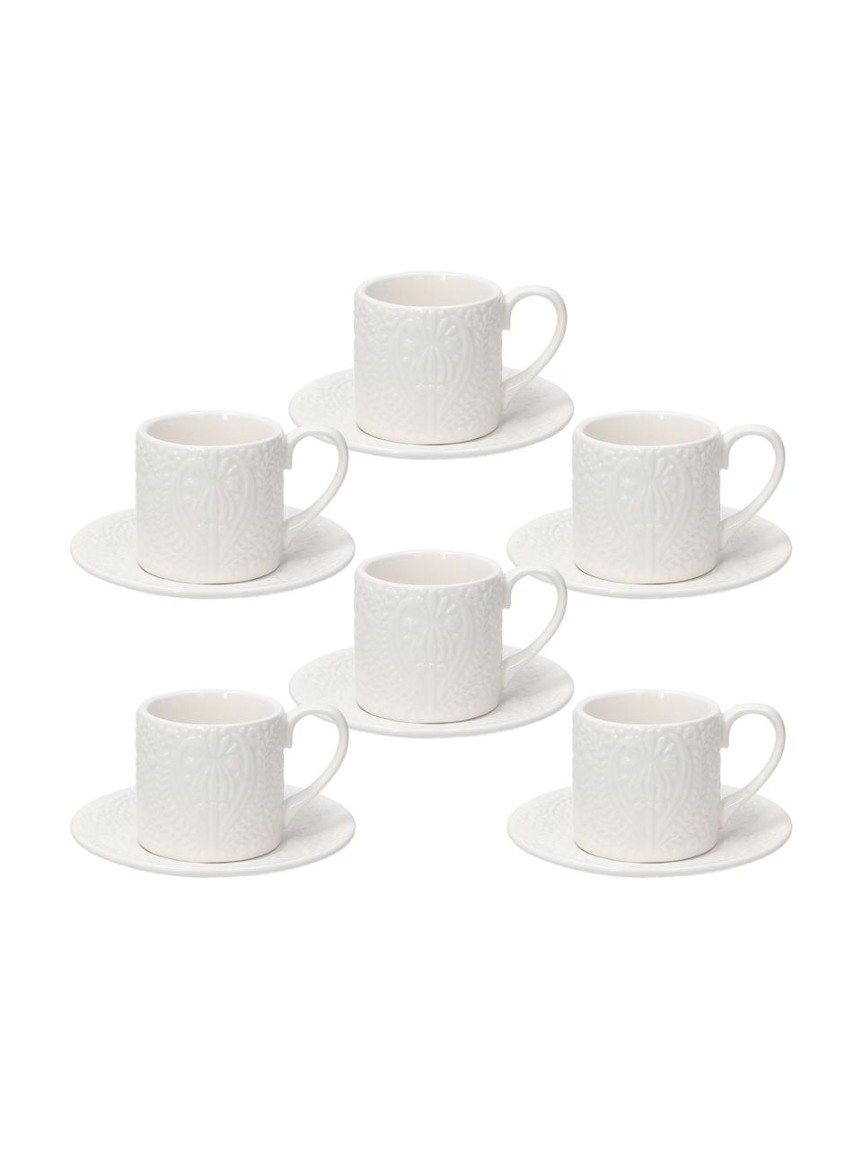 Tazza da espresso in porcellana con piattini con ornamento in rilievo Ornament 6 pz, Porcellana, Bianco, Ø 6 x Alt. 4 cm