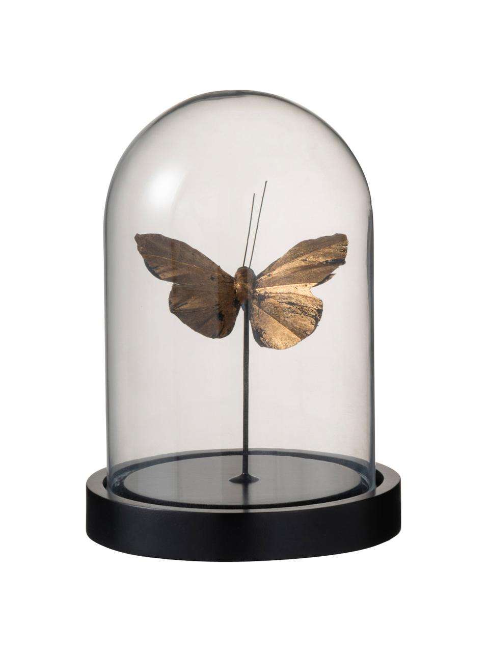 Decoratief object Butterfly, Object: kunststof, Stolp: glas, Goudkleurig transparant, zwart, Ø 12 x H 17 cm