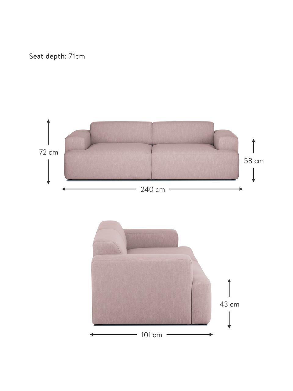 Bank Melva (3-zits) in roze, Bekleding: polyester, Frame: massief grenenhout, spaan, Poten: grenenhout De poten bevin, Geweven stof roze, B 240 x D 101 cm