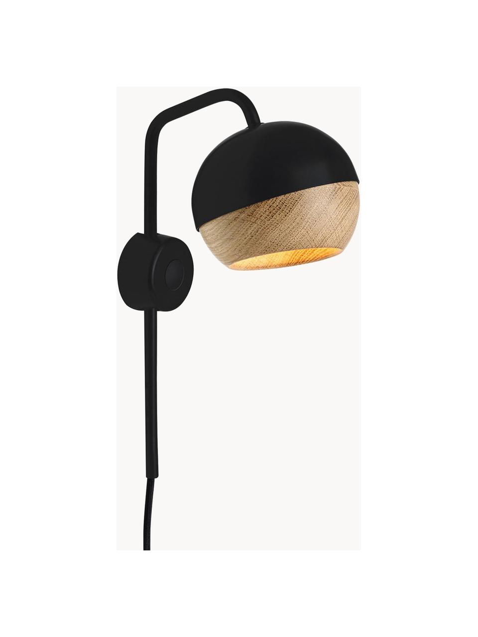 Aplique LED Ray, Cable: cubierto en tela, Negro, madera de roble, An 12 x Al 32 cm