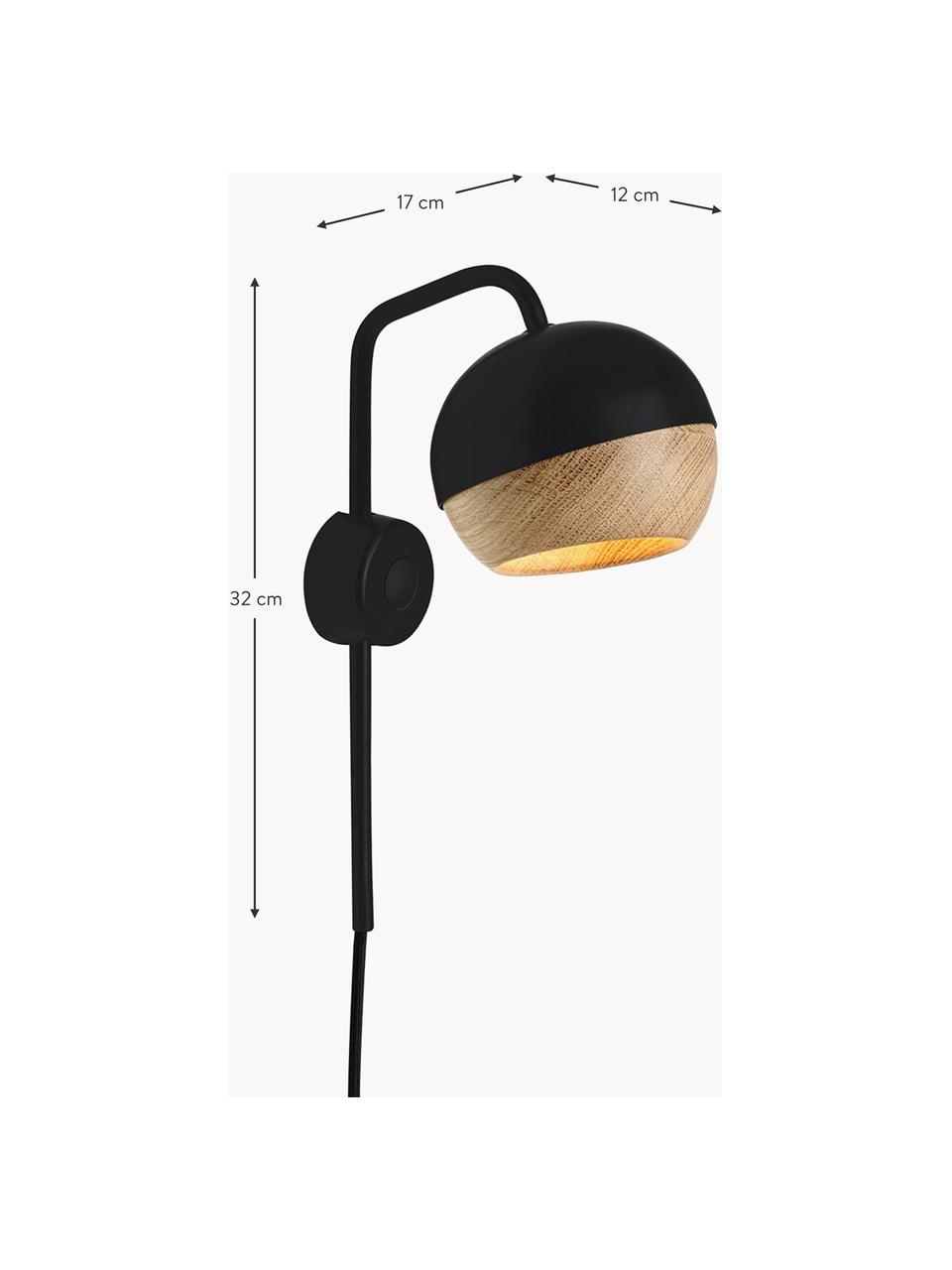 Aplique LED Ray, Cable: cubierto en tela, Negro, madera de roble, An 12 x Al 32 cm