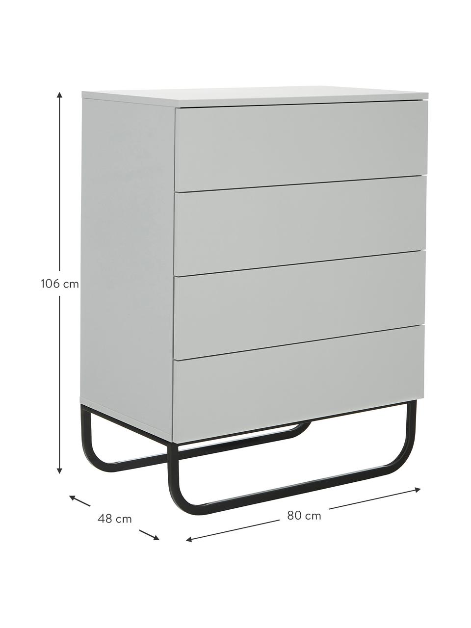 Schubladenkommode Sanford in Hellgrau, Korpus: Mitteldichte Holzfaserpla, Fußgestell: Metall, pulverbeschichtet, Hellgrau, Schwarz, 80 x 106 cm