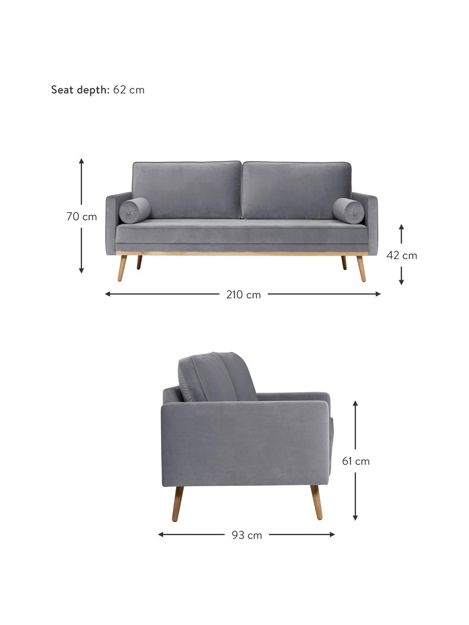 Fluwelen zitbank Saint (3-zits) in grijs met eikenhout-poten, Bekleding: fluweel (polyester) De sl, Frame: massief eikenhout, spaanp, Fluweel grijs, B 210 x D 93 cm