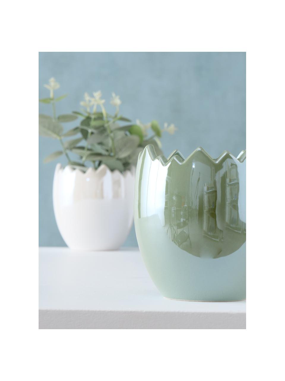Sada ručně vyrobených obalů na květináče Enya, 2 díly, Kamenina, Šalvějově zelená, tlumeně bílá s perleťovým efektem, Ø 12 cm, V 12 cm