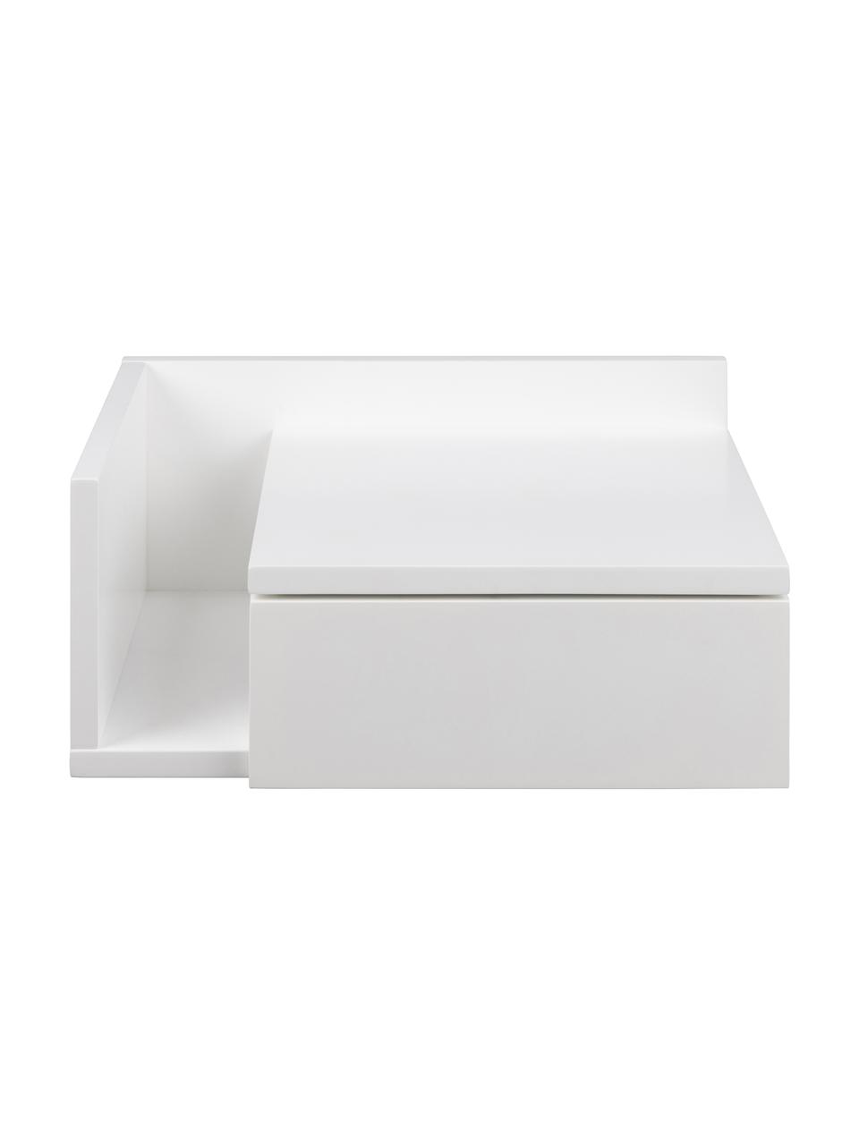 Comodino da parete con cassetto Ashlan, Pannello di fibra a media densità (MDF) laccato, Legno laccato bianco, Larg. 40 x Alt. 17 cm