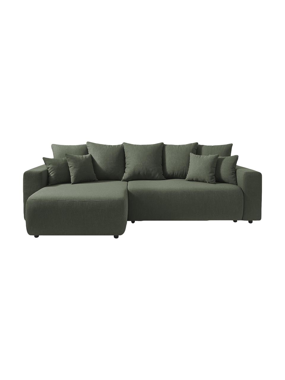 Sofá rinconera cama Elvi, con espacio de almacenamiento, Tapizado: poliéster con revestimien, Patas: plástico El tejido repele, Tejido verde oliva, An 282 x F 153 cm
