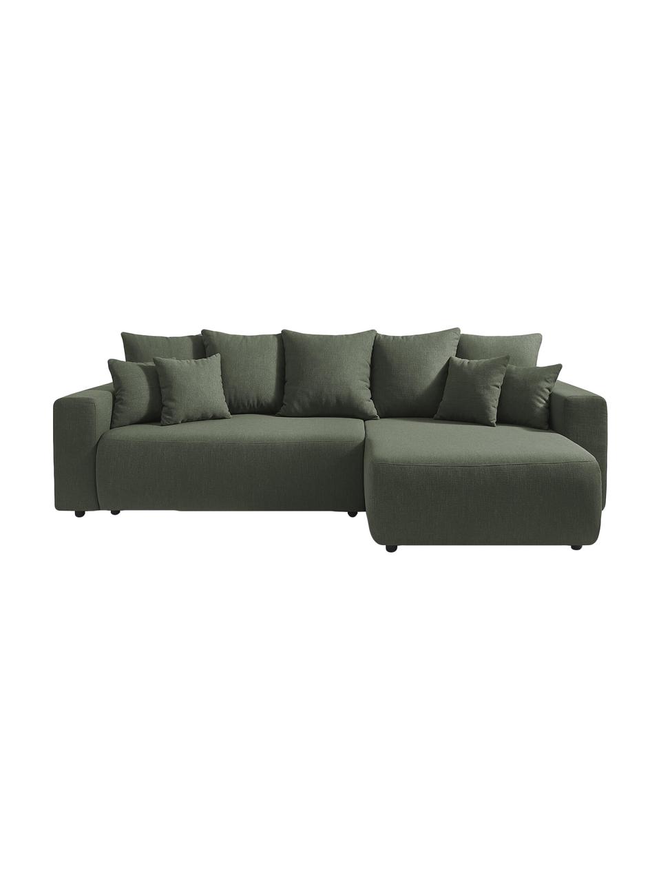 Divano letto angolare in tessuto verde oliva con contenitore Elvi, Rivestimento: poliestere con rivestimen, Sottostruttura: legno, molle Nosag, Piedini: materiale sintetico Il te, Tessuto verde oliva, nero, Larg. 282 x Prof. 153 cm