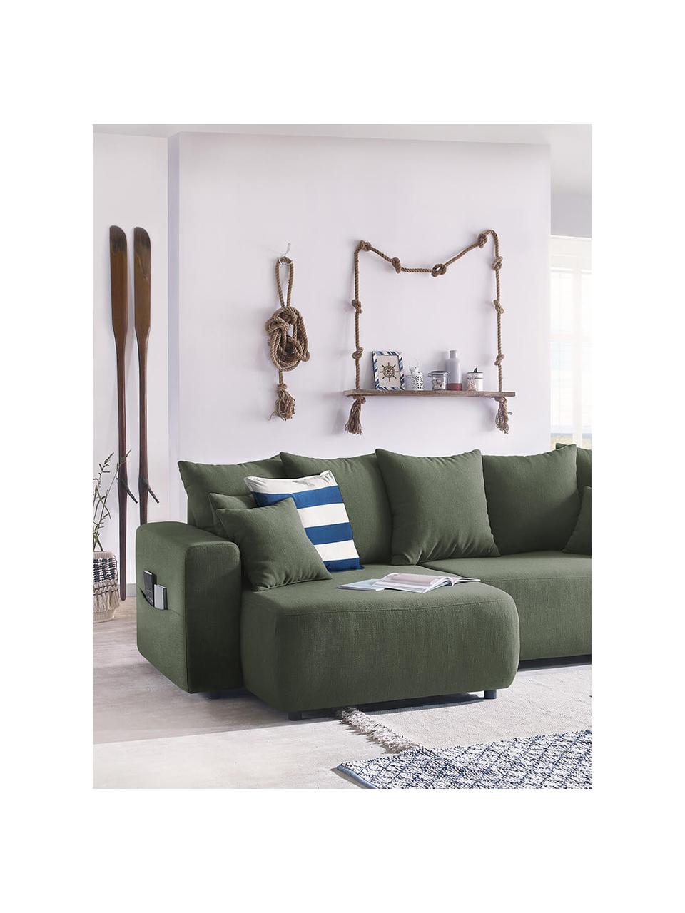 Divano letto angolare 4 posti con contenitore Elvi, Rivestimento: poliestere con rivestimen, Sottostruttura: legno, molle Nosag, Piedini: materiale sintetico Il te, Tessuto verde oliva, nero, Larg. 282 x Prof. 153 cm