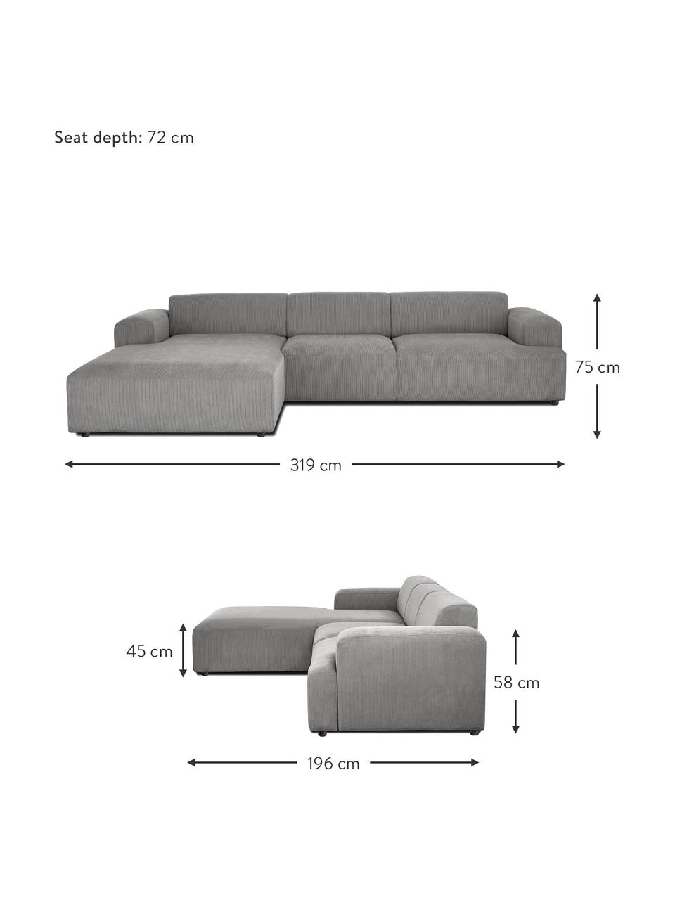 Corduroy hoekbank Melva (4-zits), Bekleding: corduroy (92% polyester, , Frame: massief grenenhout, FSC-g, Poten: kunststof, Corduroy grijs, B 319 x D 196 cm, hoekdeel links