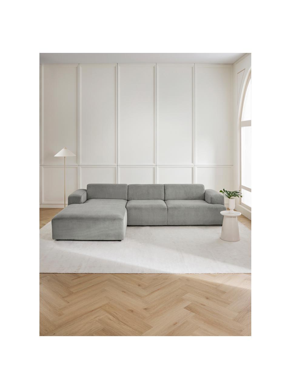 Corduroy hoekbank Melva (4-zits), Bekleding: corduroy (92% polyester, , Frame: massief grenenhout, FSC-g, Poten: kunststof, Corduroy grijs, B 319 x D 196 cm, hoekdeel links