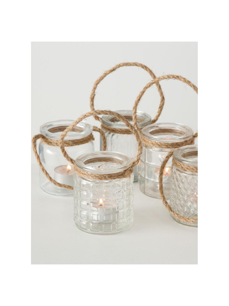 Komplet świeczników na tealighty do zawieszenia Trax, 5 szt., Szkło, lina, Transparentny, Ø 7 x W 9 cm
