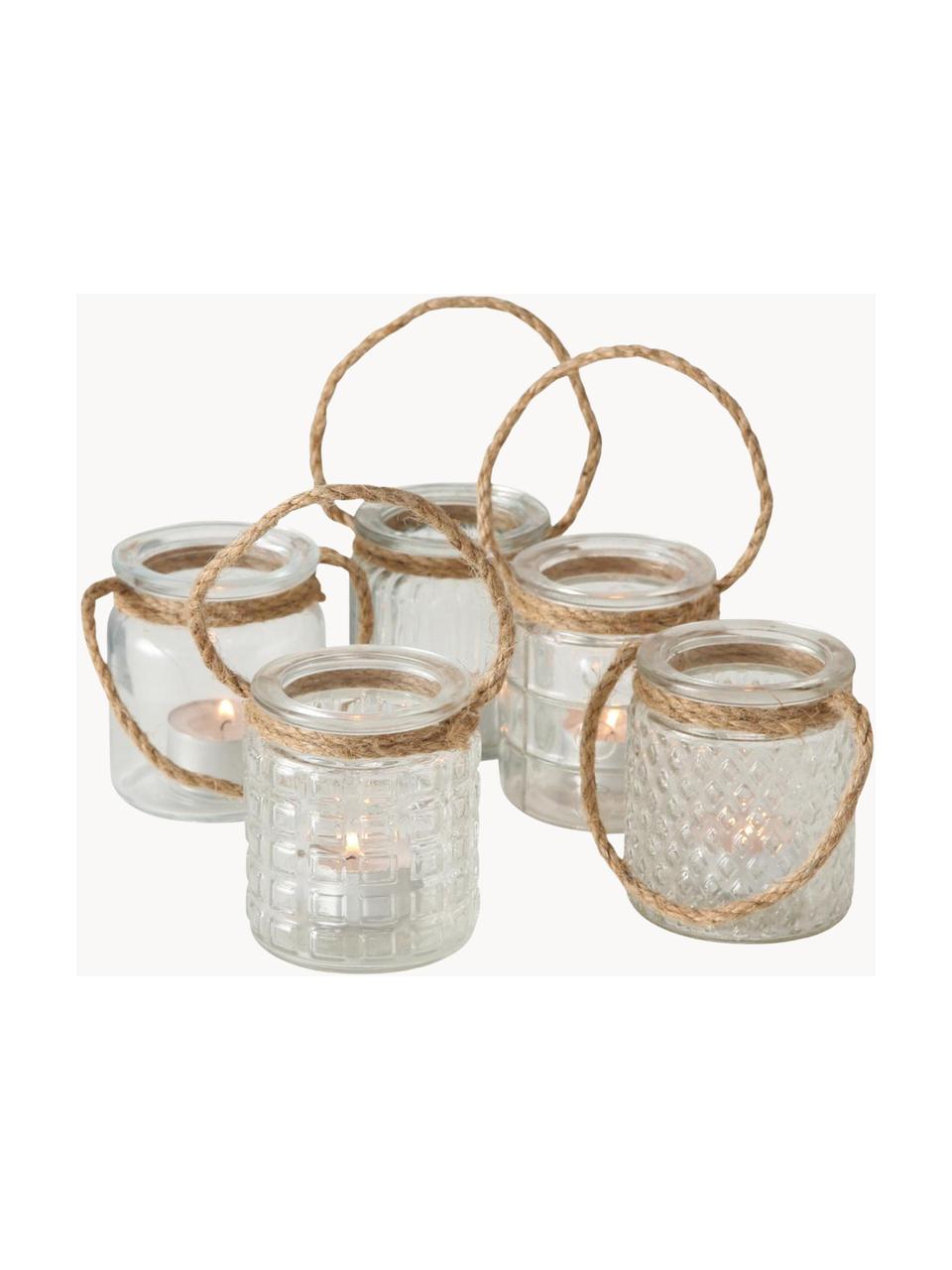 Komplet świeczników na tealighty do zawieszenia Trax, 5 elem., Szkło, lina, Transparentny, beżowy, Ø 7 x W 9 cm