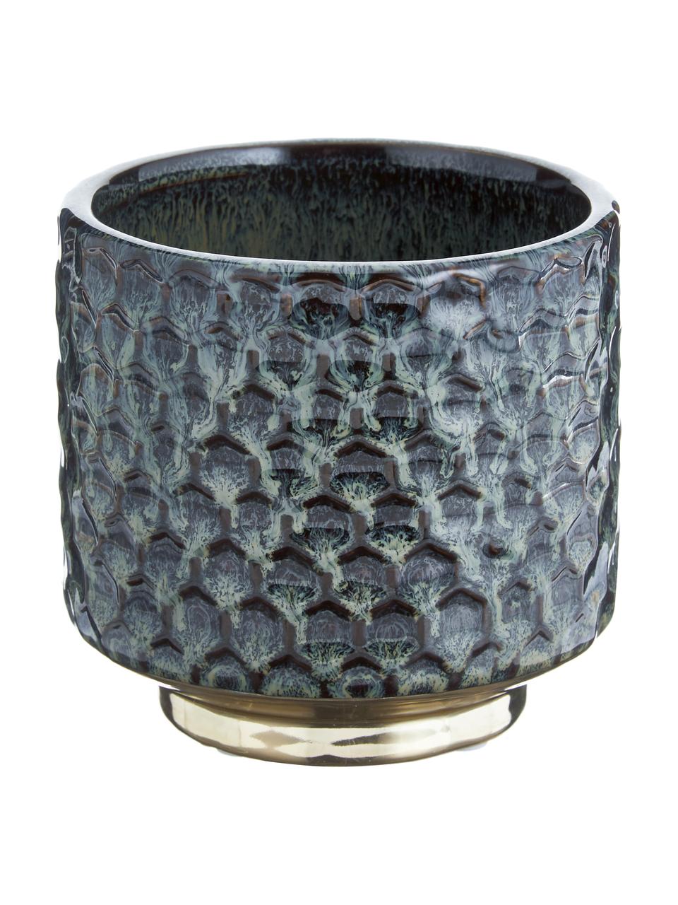 Kleine handgemaakte plantenpot Dela van keramiek, Keramiek, Blauw, goudkleurig, Ø 10 x H 10 cm